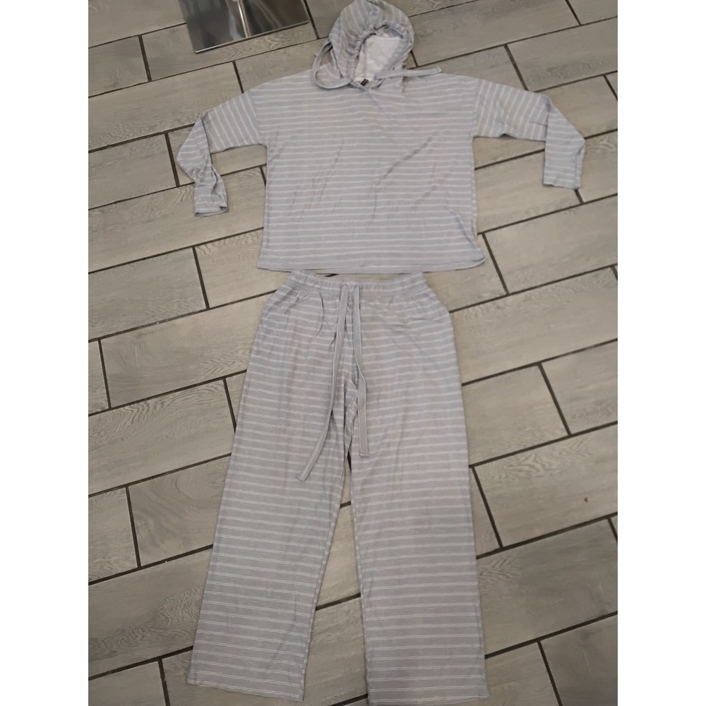 Jaclyn Intimates Gray White Striped Hoodie Pajama‎ Set 2pc Loungewear Large